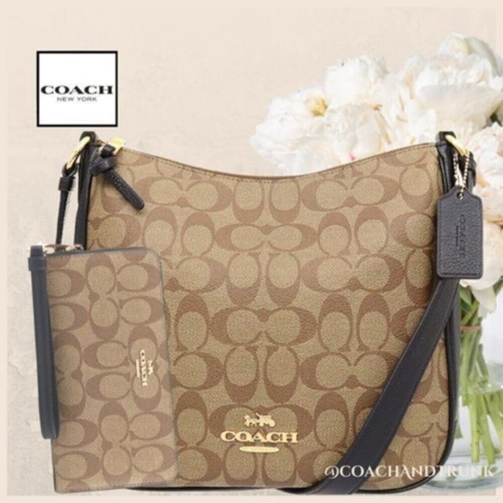 COACH 2 PCS NWT Ellie File Bag Khaki Black And Long Zip Around Wrist Strap
